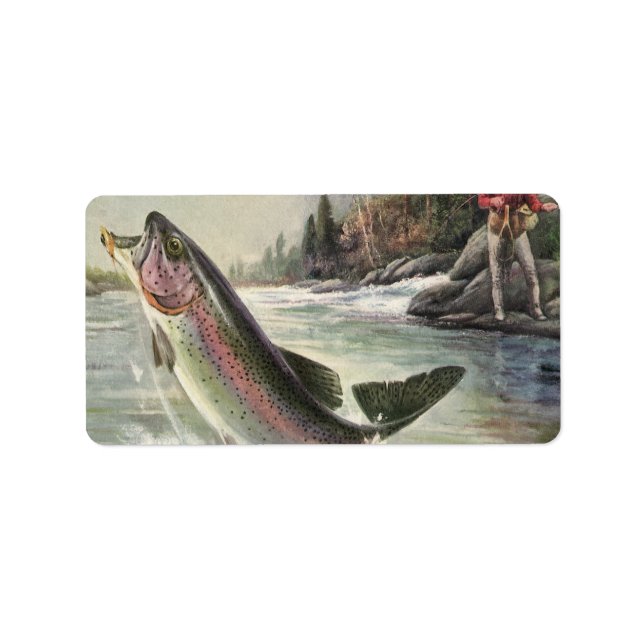 Vintager Regenbogenforellenfisch, Fischfang Adressaufkleber (Vorne)