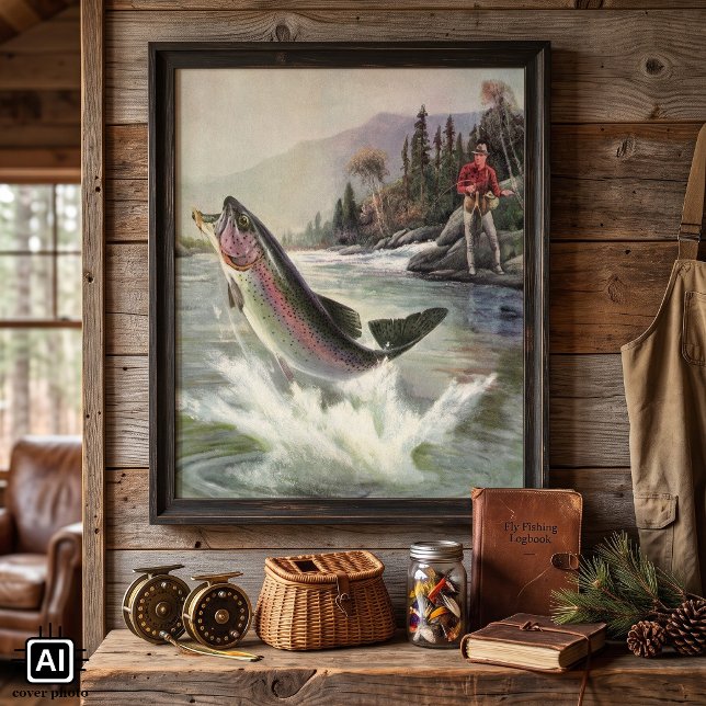 Vintager Regenbogenforellenfisch, Fischfang Poster (Vintage illustration sports design featuring a fisherman fishing in a river for rainbow trout.)