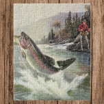 Vintager Regenbogenforellenfisch, Fischfang Puzzle<br><div class="desc">Vintages Illustrationsportdesign mit einem Fischer in einem Fluss. Eine Regenbogenforelle spritzt und springt aus dem Wasser.</div>