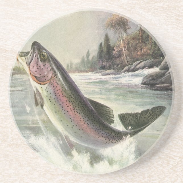 Vintager Regenbogenforellenfisch, Fischfang Sandstein Untersetzer (Vorne)