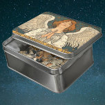 Vintager religiöser Engel Gebet mit Goldstars Puzzle<br><div class="desc">Vintage Darstellung des religiösen Christentums mit einem wunderschönen Viktorianischen Engel des Künstlers Richard Lauda,  c. 1904. Sie betet mit den Händen,  die zusammenklappert und die Augen geschlossen sind. Shiny gold Stars und ein Mond sind am Nachthimmel. Lateinische Wörter unter dem Bild sind in terris pax hominibus bonae freiwiltatis.</div>