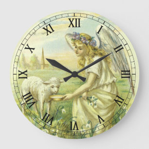 Vintager religiöser Osterngel mit Lamm Viktorianis Große Wanduhr