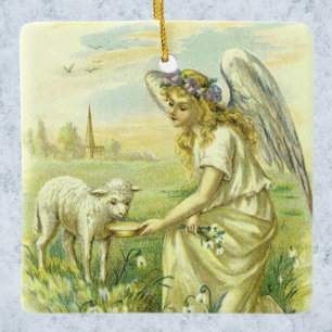 Vintager religiöser Osterngel mit Lamm Viktorianis Keramikornament
