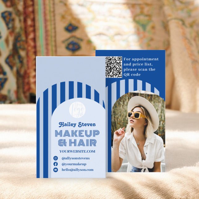 Vintager Retro-70er mit französischem Foto Visitenkarte (Vintage retro 70s french blue arch photo makeup business card)