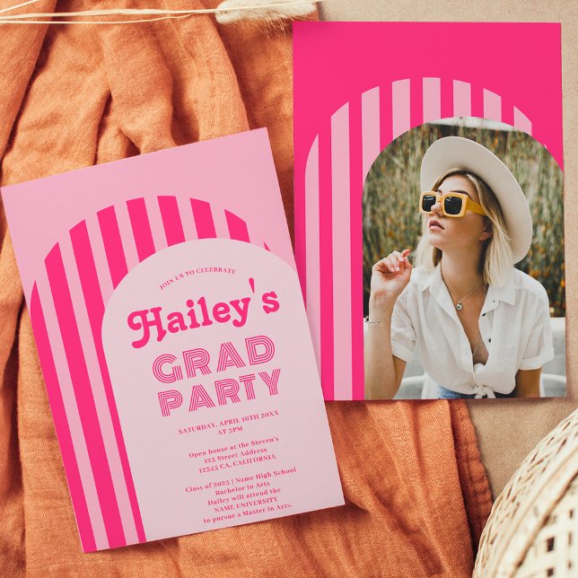 Vintager Retro-70er Neon rosa Foto Abschluss Einladung (Von Creator hochgeladen)