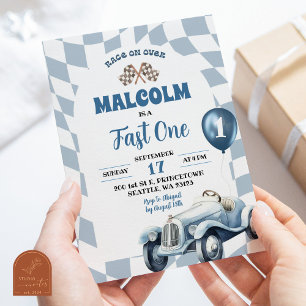 Vintager Retro Blue Race Car Fast 1 1. Geburtstag Einladung