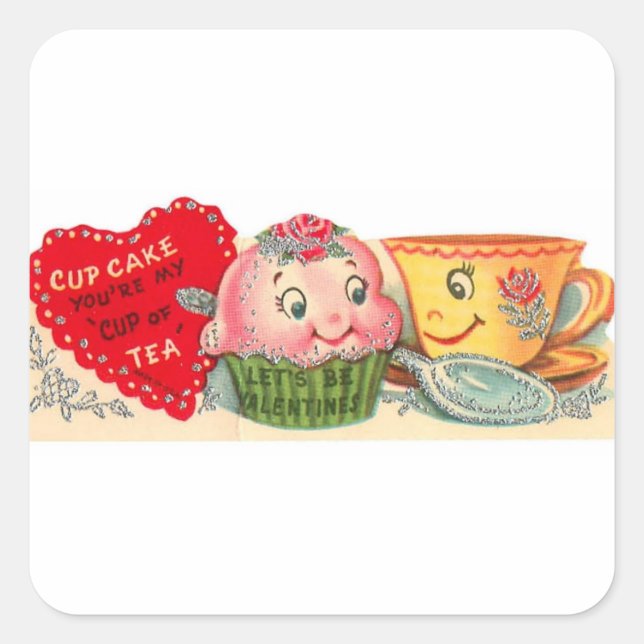 Vintager Retro-Cupcake und Teacup Valentinstag Quadratischer Aufkleber (Vorderseite)