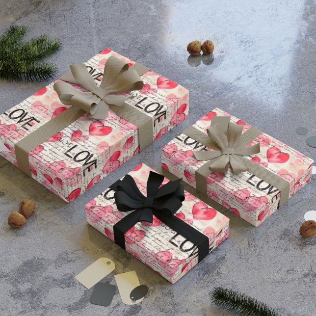Vintager Retro-Liebe Letter & Pink Hearts Geschenkpapier (Vintage Retro Love Letter & Pink Hearts Wrapping Paper)