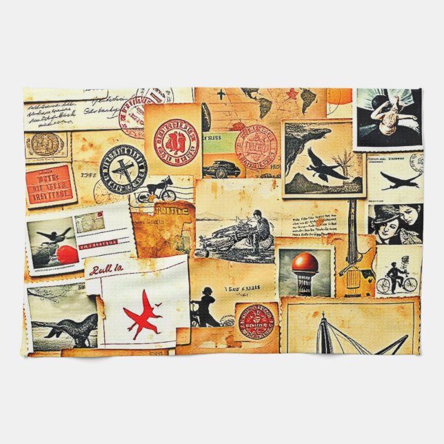 Vintager Retro Postkartenmix Geschirrtuch (Horizontal)