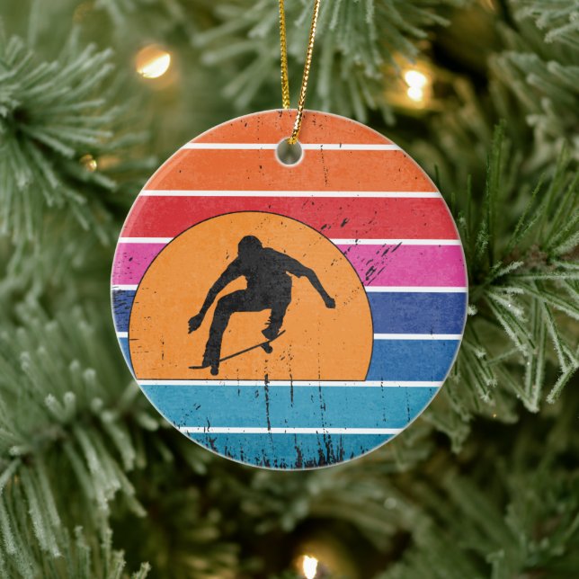 Vintager Retro-Skateboard-Skater Skateboarder Keramik Ornament (Baum)