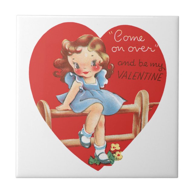 Vintager Retro-Valentinstag, Mädchen auf einem Zau Fliese (Vorderseite)