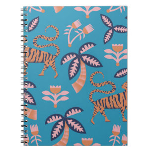 Vintager Retrofarbiger Tiger, Palme, Blume nahtlos Notizblock