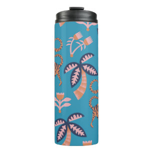 Vintager Retrofarbiger Tiger, Palme, Blume nahtlos Thermosbecher