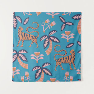 Vintager Retrofarbiger Tiger, Palme, Blume nahtlos Wandteppich