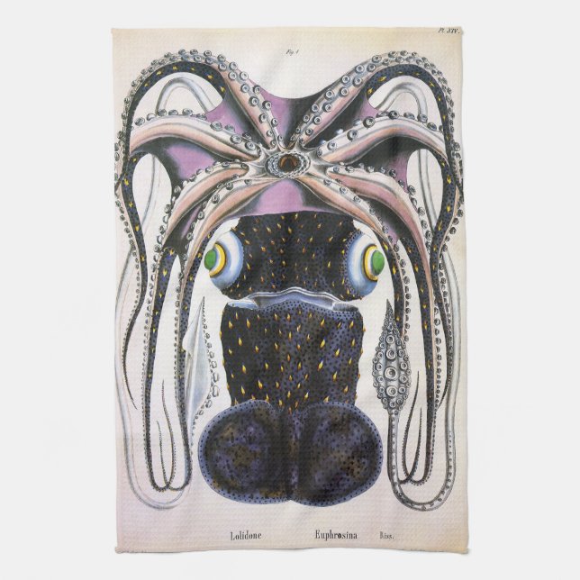 Vintager Riesen-Tintenfisch oder Oktopus, Meeresti Geschirrtuch (Vertikal)