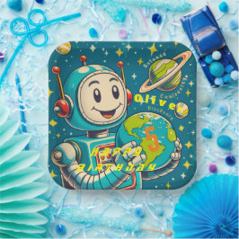 Vintager Roboter in der Weltraumwissenschaft Neugi Pappteller