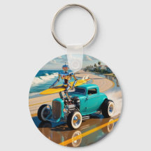 Vintager Roboter mit Surfbrett , am Strand