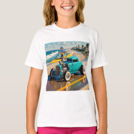 Vintager Roboter mit Surfbrett , am Strand T-Shirt