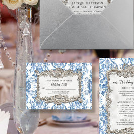 Vintager Rokoko Blue White Silver Floral Wedding RSVP Karte