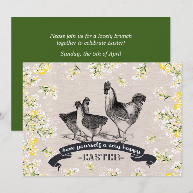 Vintager Rooster & Hens Easter Brunch Einladung (Vorne/Hinten)