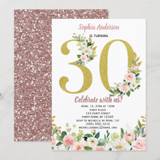 Vintager rosa Goldwatercolor-Blumen30. Geburtstag Einladung