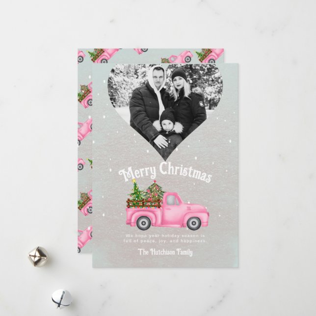 Vintager rosa LKW Weihnachtsbaum Foto Feiertagskarte (Vorderseite/Rückseite Beispiel)