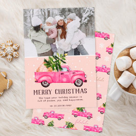 Vintager rosa LKW Weihnachtsbaum Rosa Foto Feiertagskarte