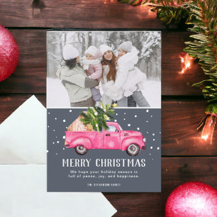 Vintager rosa LKW Weihnachtsbaumblauer Foto Feiertagskarte