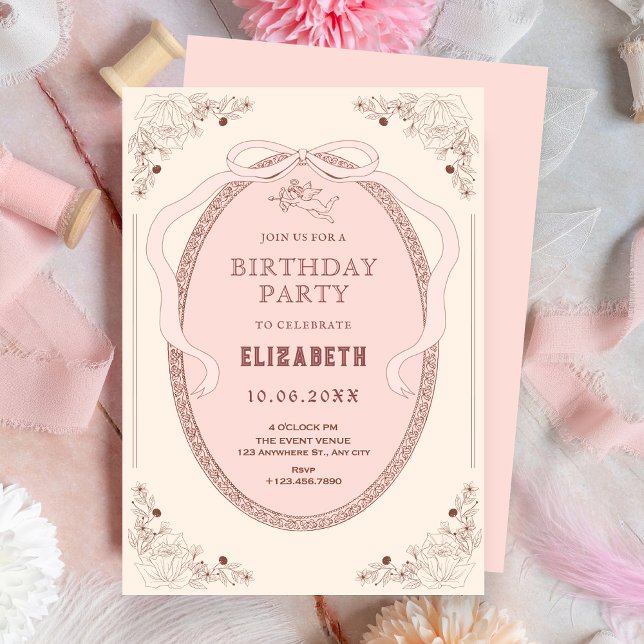 Vintager, rosa, romantischer Geburtstag Einladung (Von Creator hochgeladen)