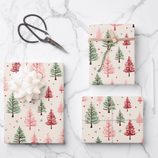 Vintager Rosa Weihnachtsbaum Geschenkpapier Set (Vorderseite)