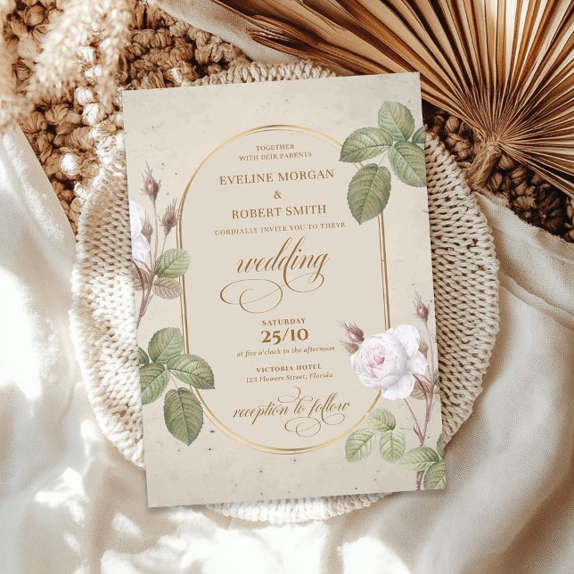 Vintager Rosengarnelenbogen Einladung (Vintage watercolor white rose gold boho arch invitation)
