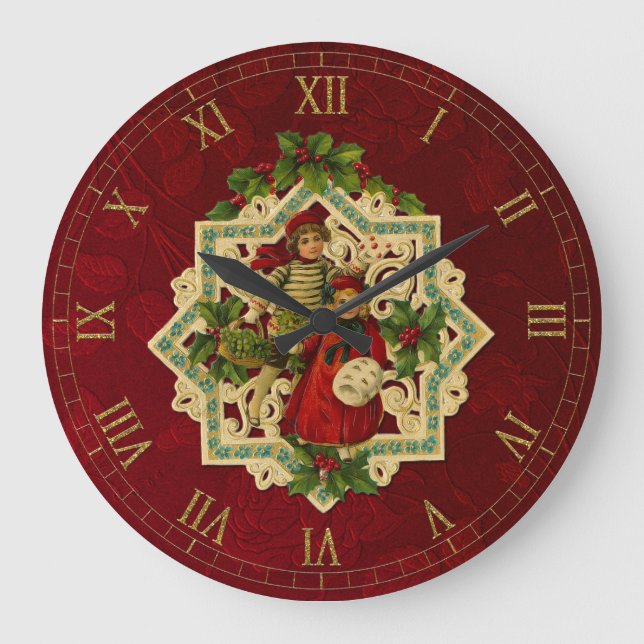 Vintager roter Blumenhintergrund der Große Wanduhr (Vorderseite)