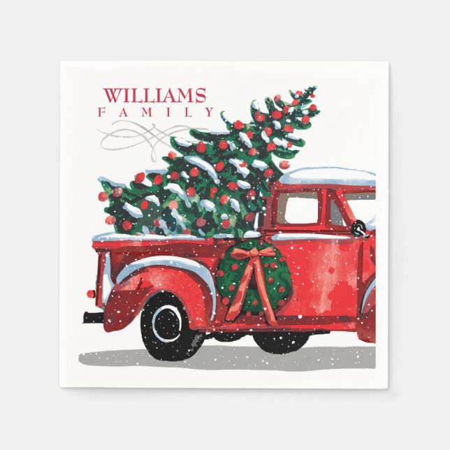 Vintager roter Lieferwagen LKW Familienname Monogr Serviette (Vorderseite)