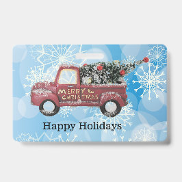 Vintager roter LKW auf blauem Schneeflockenhinterg Ausweis