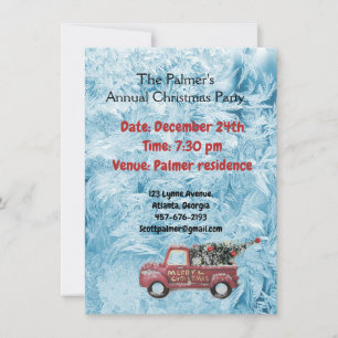 Vintager roter LKW auf blauem Schneeflockenhinterg Einladung
