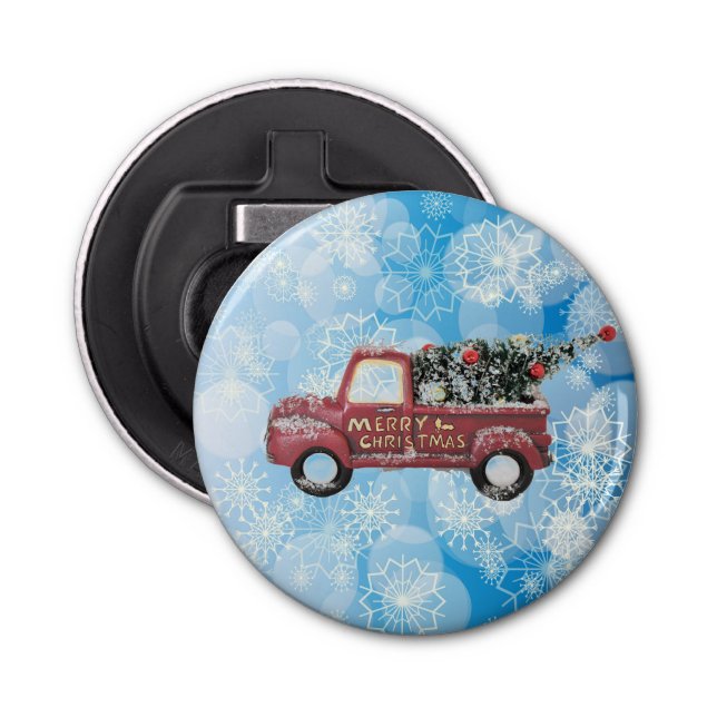 Vintager roter LKW auf blauem Schneeflockenhinterg Flaschenöffner (Vorderseite)