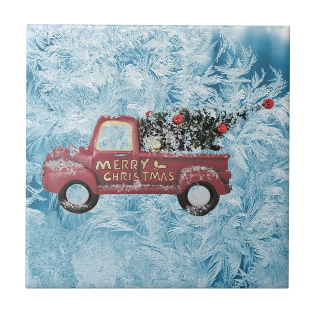 Vintager roter LKW auf blauem Schneeflockenhinterg Fliese (Vorderseite)