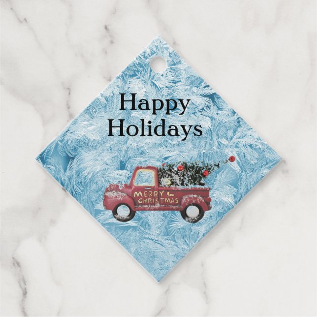 Vintager roter LKW auf blauem Schneeflockenhinterg Geschenkanhänger (Vorderseite)