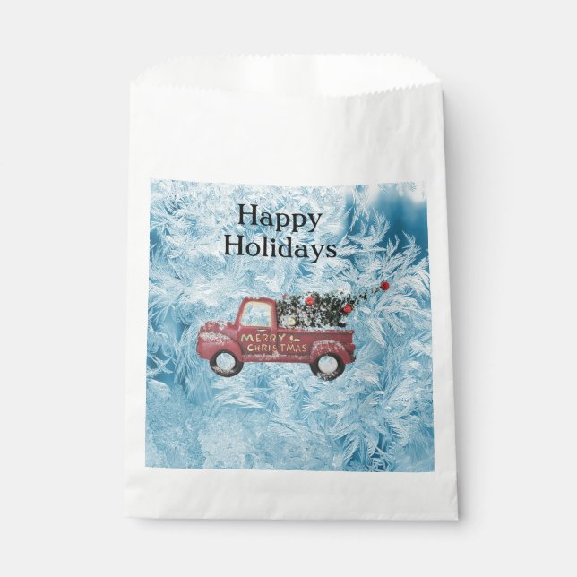 Vintager roter LKW auf blauem Schneeflockenhinterg Geschenktütchen (Vorderseite)