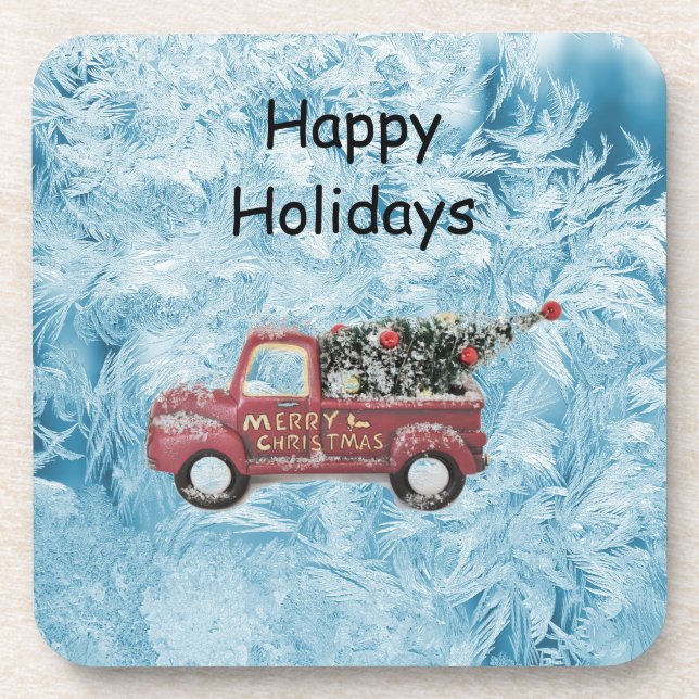 Vintager roter LKW auf blauem Schneeflockenhinterg Getränkeuntersetzer (Vorderseite)