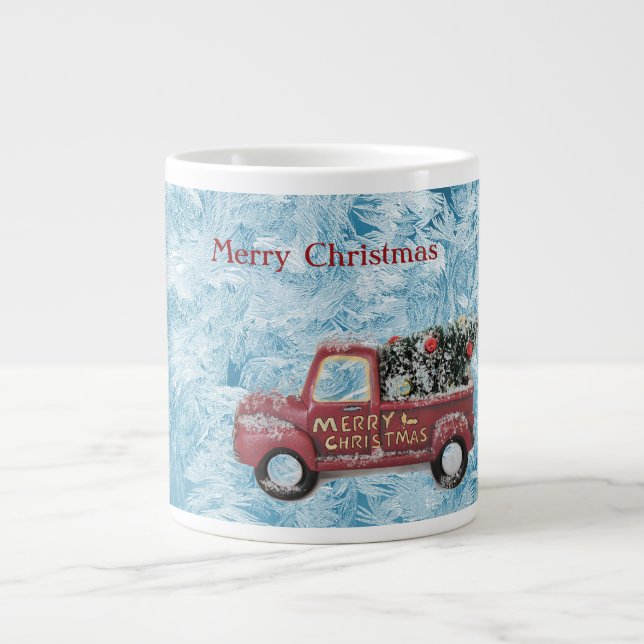 Vintager roter LKW auf blauem Schneeflockenhinterg Jumbo-Tasse (Vorderseite)