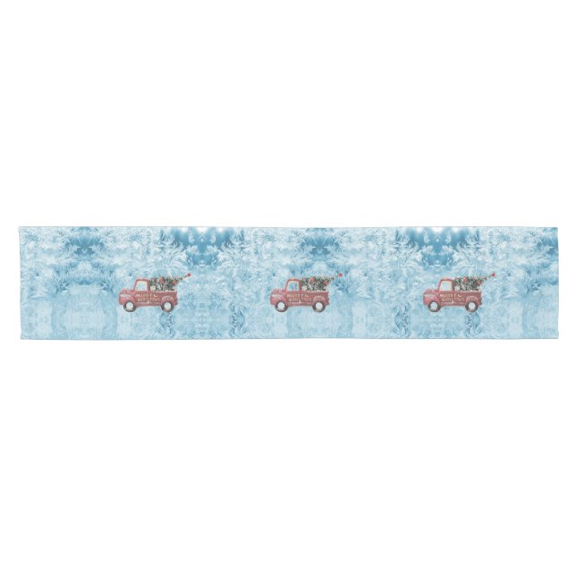 Vintager roter LKW auf blauem Schneeflockenhinterg Kurzer Tischläufer (Horizontal)