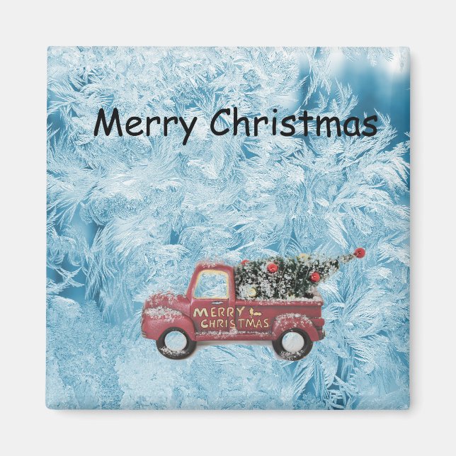 Vintager roter LKW auf blauem Schneeflockenhinterg Magnet (Vorne)