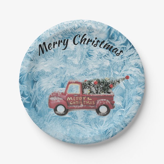 Vintager roter LKW auf blauem Schneeflockenhinterg Pappteller (Vorderseite)