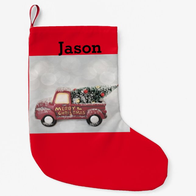 Vintager roter LKW auf grauem Hintergrund Kleiner Weihnachtsstrumpf (Vorderseite)