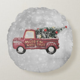 Vintager roter LKW auf grauem Hintergrund Rundes Kissen