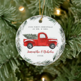 Vintager roter LKW | Erste Weihnachten Herr & Frau Keramik Ornament