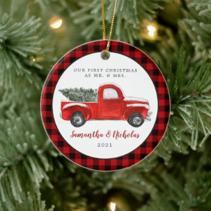 Vintager roter LKW   Erste Weihnachten Herr & Frau Keramik Ornament