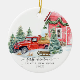 Vintager Roter LKW   Erste Weihnachts-Zuhause Keramik Ornament
