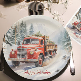 Vintager roter LKW für Weihnachten Pappteller